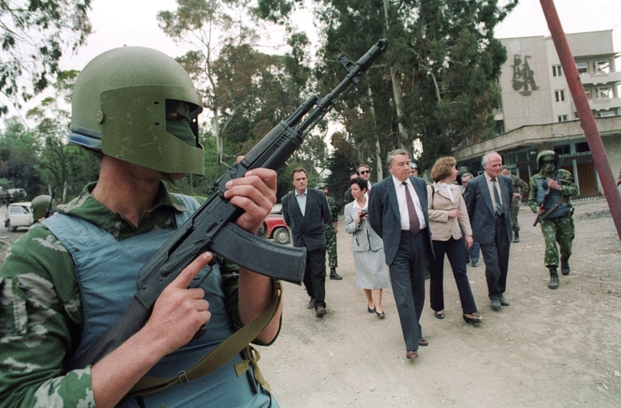 UN representatives visiting the conflict zone during the Georgian-Abkhazian conflict, 13June 1993.