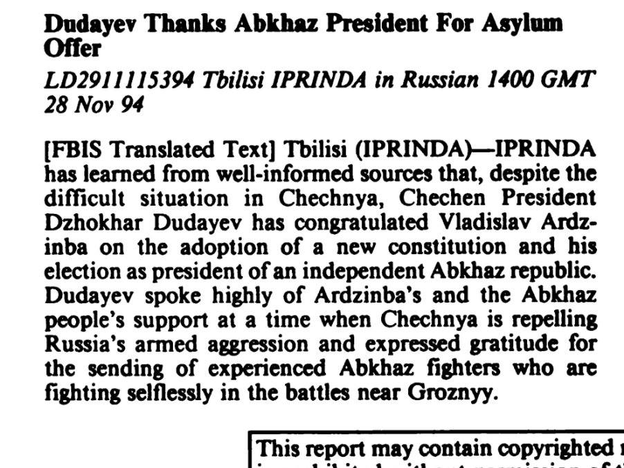 Dudayev Thanks Abkhaz President