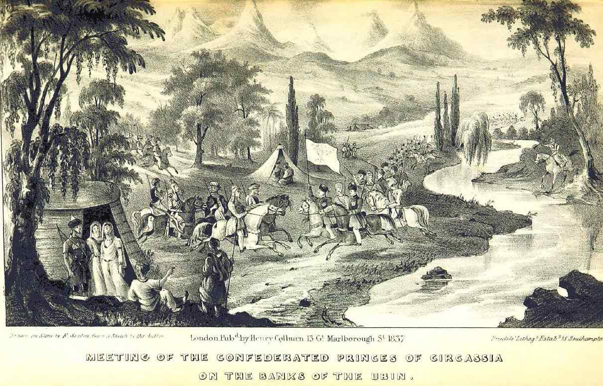 "Meeting of the Confederated Princes of Circassia on the bank of the Ubin" -  from the "Travels in Circassia, Krim-Tartary &c", by Edmund Spencer (1838).