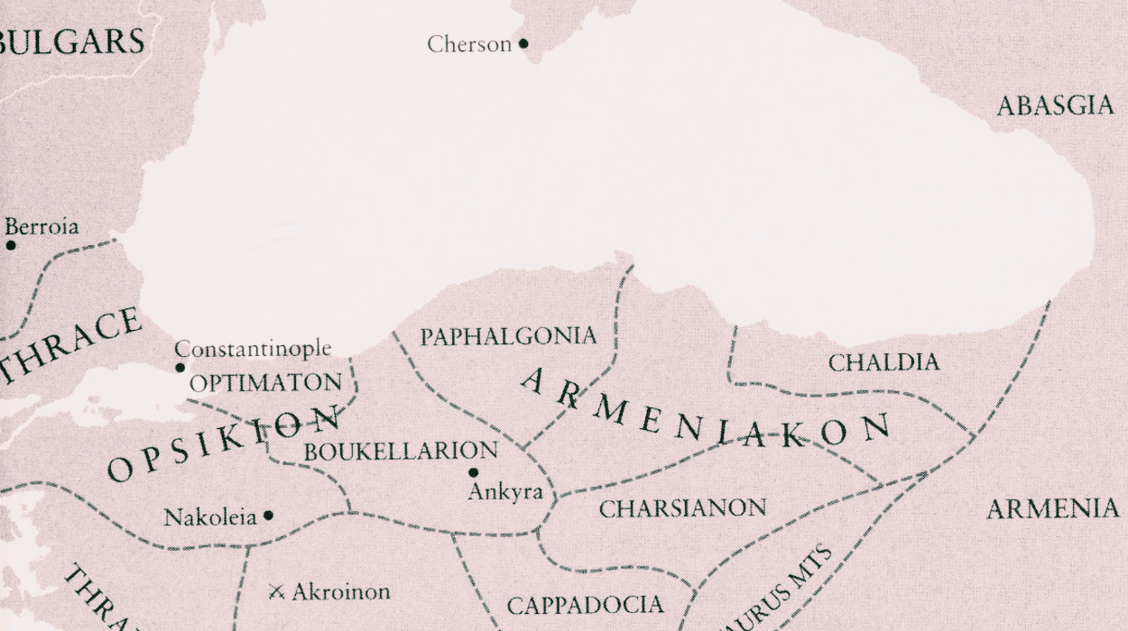 The Byzantine Empire and 'Themata' c. 800 (Byzantium: the surprising life of a medieval empire by Judith Herrin, Princeton University Press, 2007).