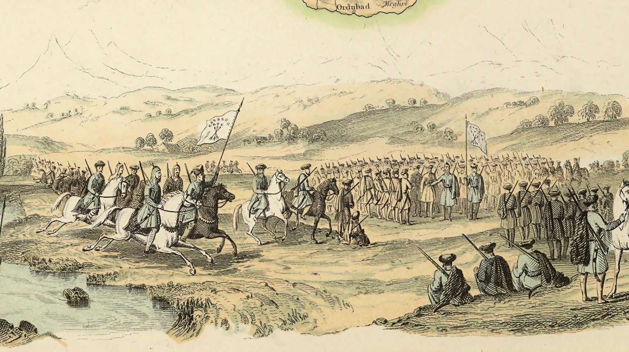 Gathering of the Confederated Princes of Circassia on the Banks of the Ubin. 1836. Drawn by John Bartholomew.