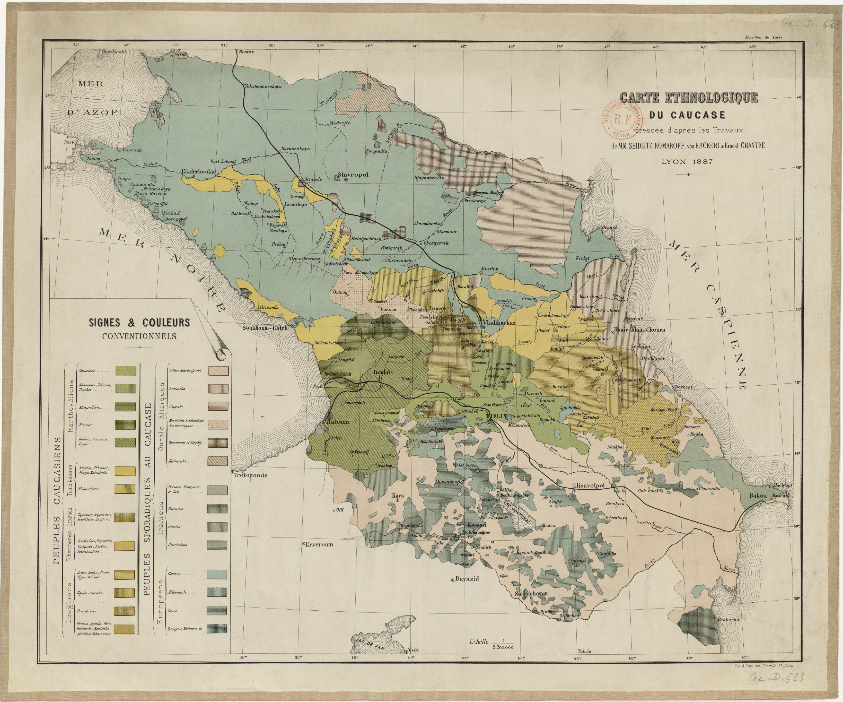The ethnographic map of the Caucasus, based partly on the researches of Ernest Chantre (1887).