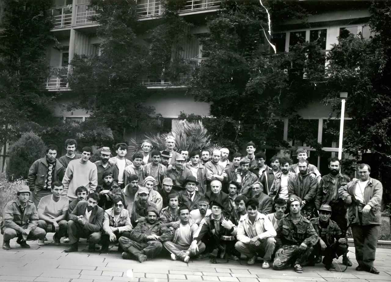 Musa Shanibov (middle) with the volunteers of the Confederation of Mountain Peoples of the Caucasus. Abkhazia, 1993.