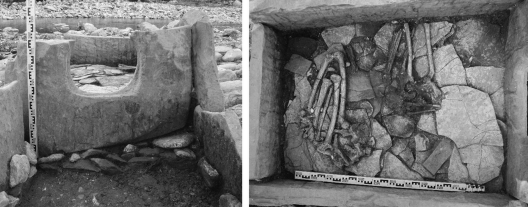 The Shepsi Dolmen during its rescue excavation in June 2012: (a) the entrance slab with a port hole; (b) the partially preserved lower burials.