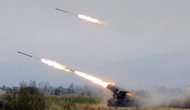 Georgian army rocket batteries firing on Ossetian cities and villages