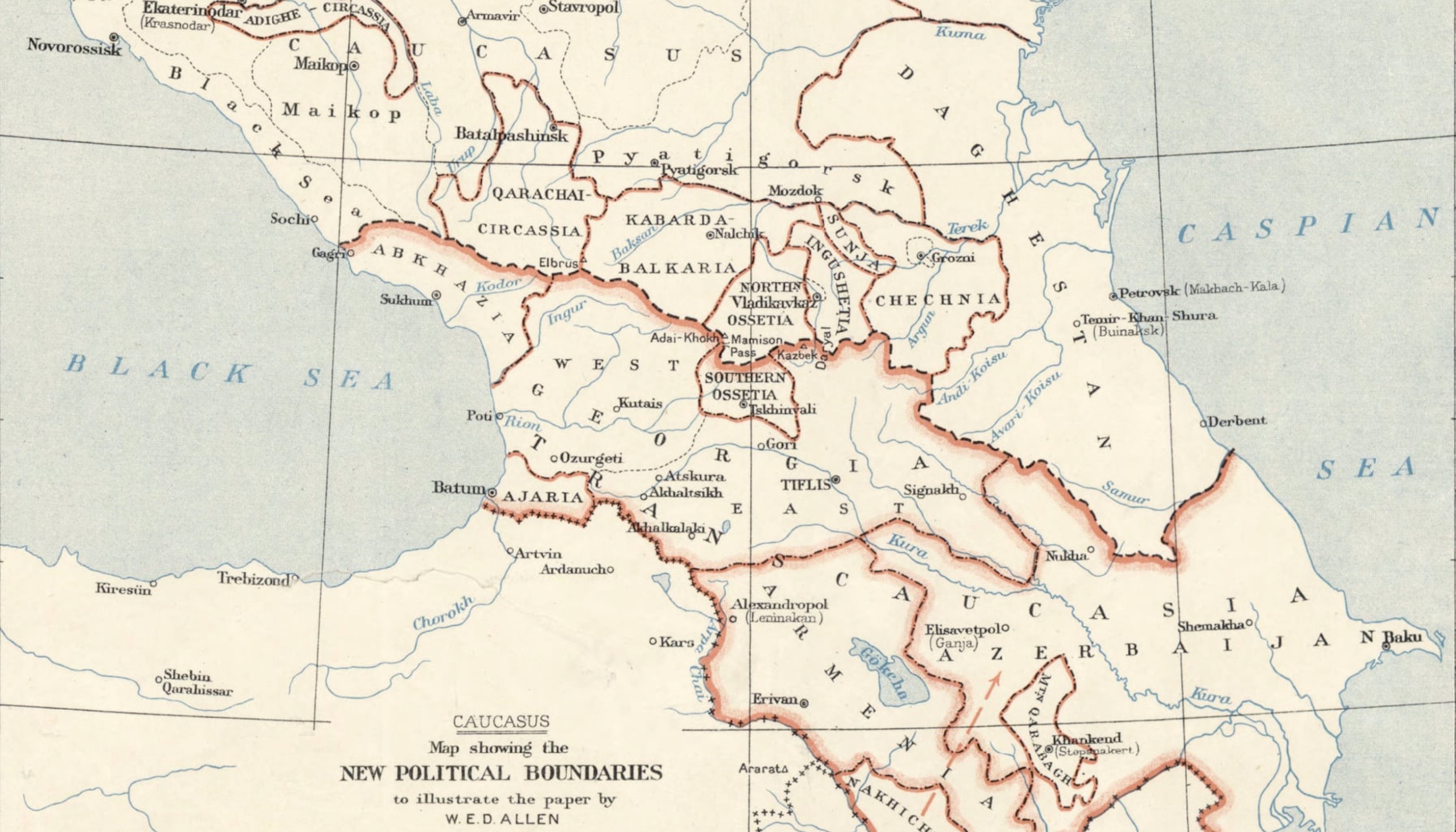 Map of the Caucasus 1927. The map showing the new political boundaries to illustrate the paper by W.E.D. [William Edward David] Allen; published by the Royal Geographical Society (May 1927).