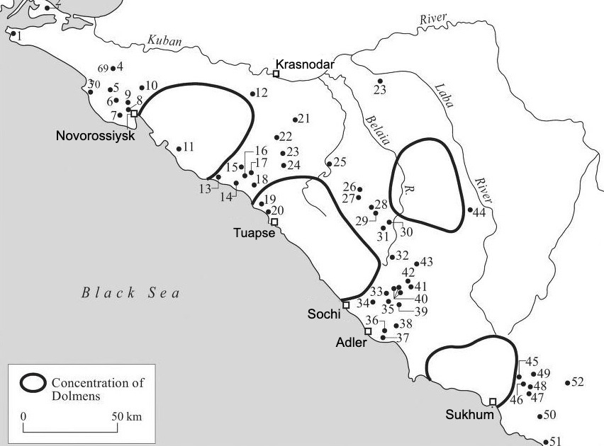 Distribution of dolmens in the Western Caucasus, according to the work of Vladimir I. Markovin