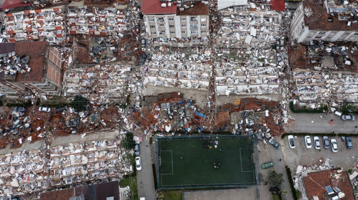 An aerial view of collapsed buildings in Hatay, Turkiye.