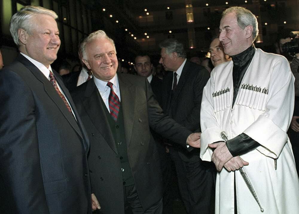 Boris Yeltsin (left), Eduard Shevardnadze, and Jaba Ioseliani, the founder of the Mkhedrioni paramilitary organisation, after signing the Treaty of Russian-Georgian Friendship, Good Neighborliness, and Cooperation on February 3, 1994.